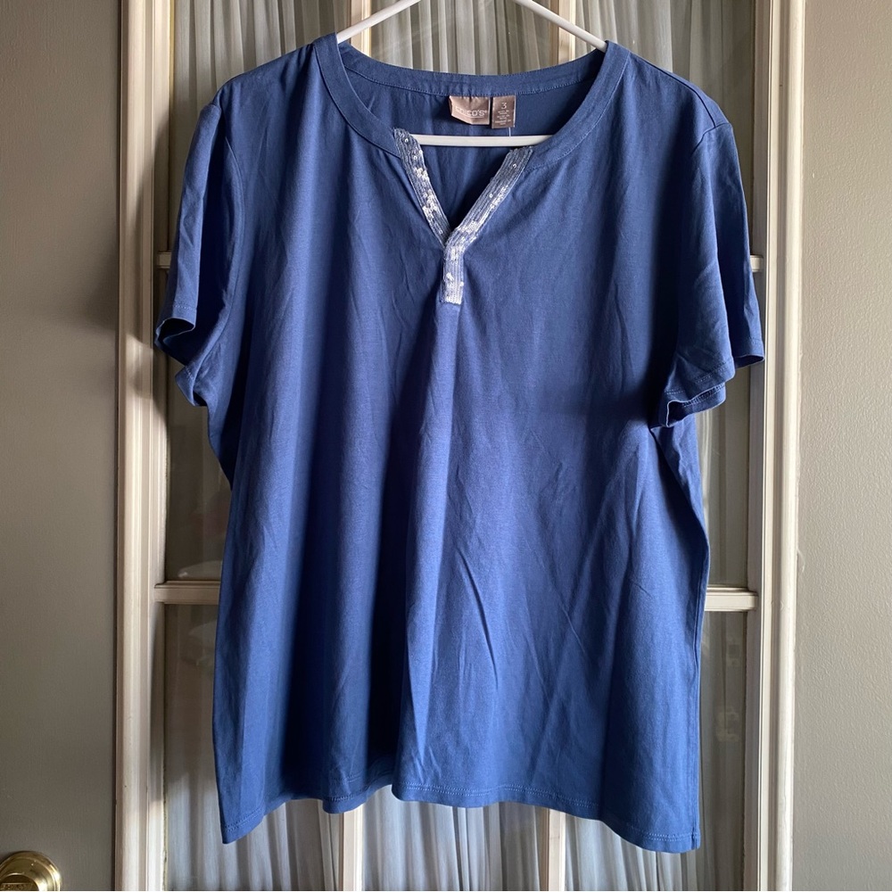 Chico's Blue Sequin Henley Short Sleeve Tee